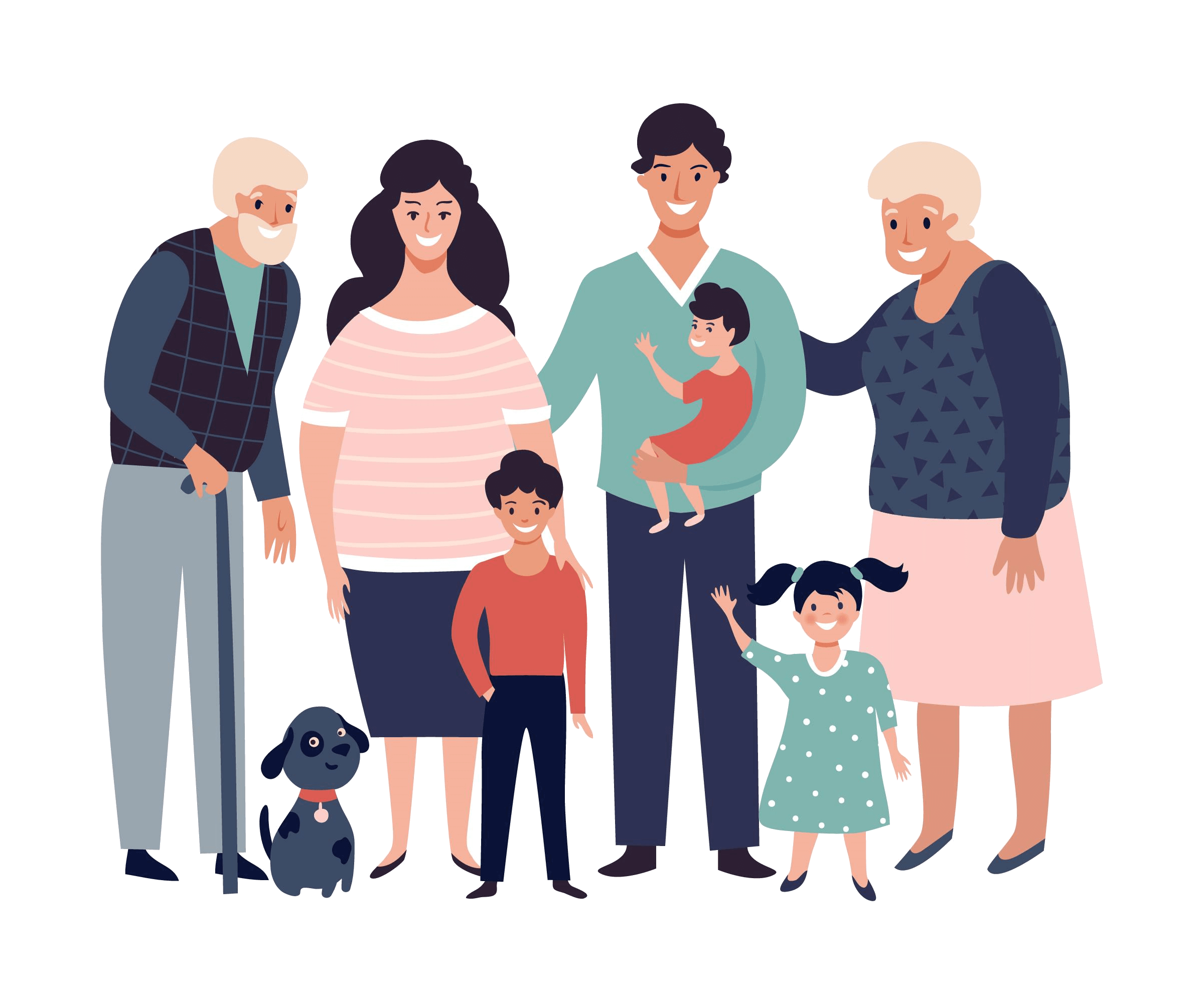 famille avec grands-parents et petit chien - dessin
